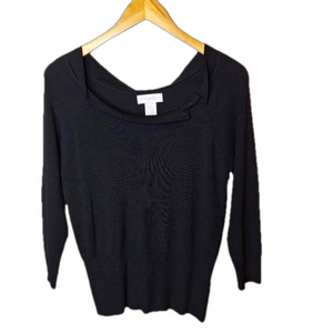 Worthington Womens Size L Top Black Pullover‎ 3/4 Sleeve Round Neck Bow Detail